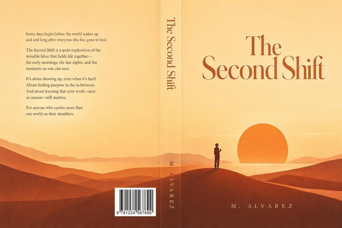 Full KDP print wrap of The Second Shift — back-cover blurb with the ISBN barcode block beside the spine, printed spine, and front cover as one continuous desert-sunrise artwork