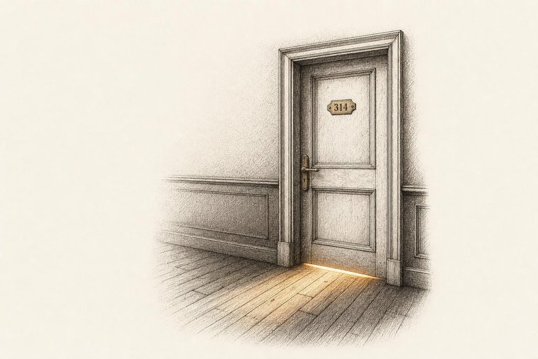 In-book illustration — the door of Room 314 with light showing underneath