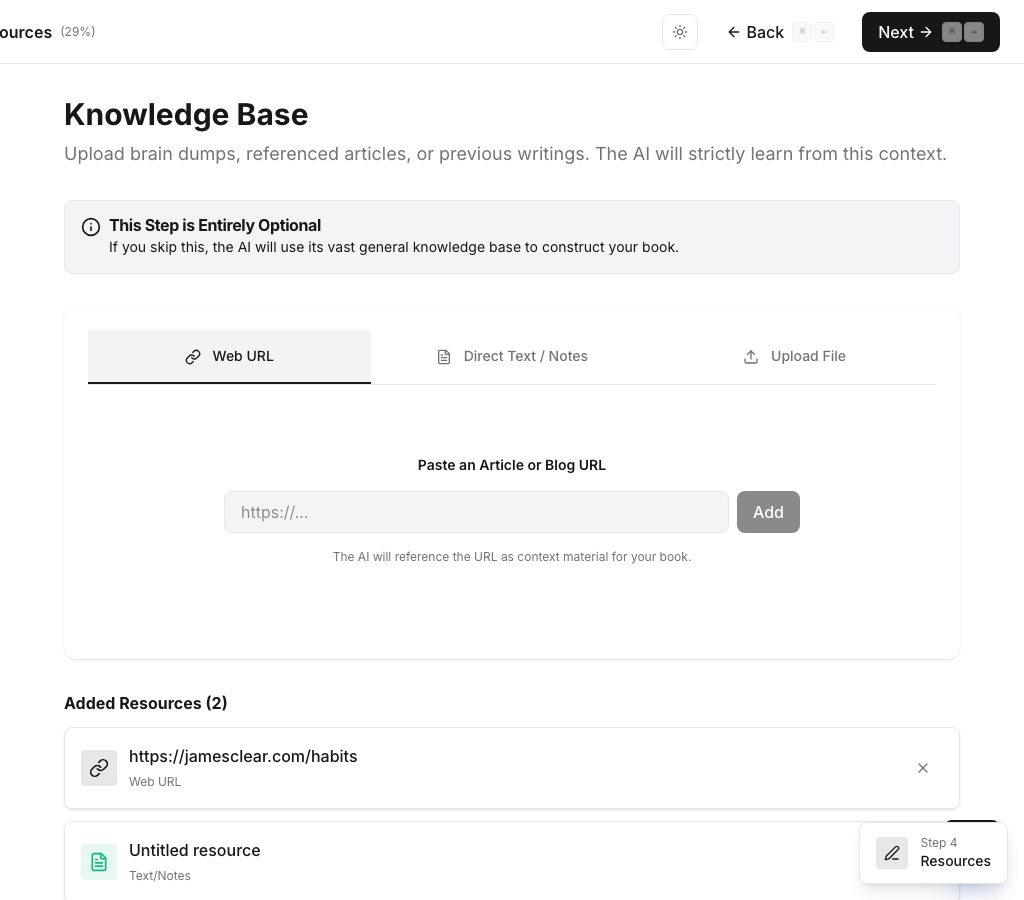 CoWriter Upload Resources interface